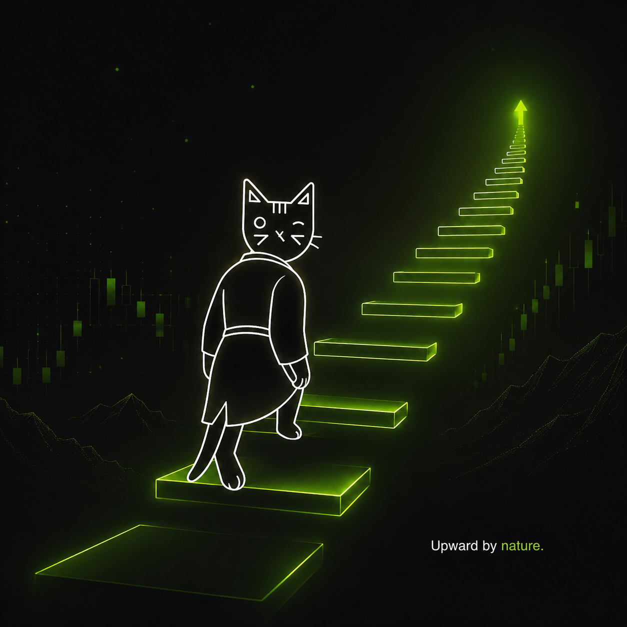 Winkcat climbs floating green steps; upward by nature